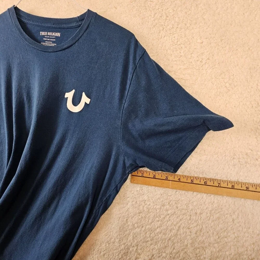 True Religion T Shirt Men's XL Navy Blue Short Sleeve Buddha Damaged Project Tee